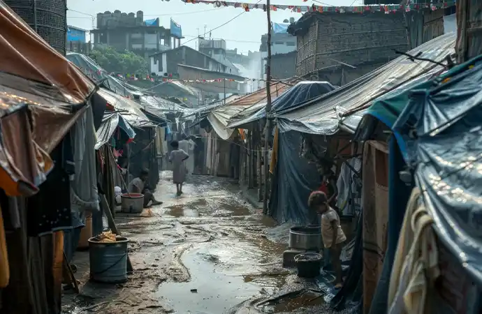  Dhaka's urban slum settlements, including Korail on the Gulshan lake edge, Bauniabadh
          in Mirpur and Kalshi in the northwest, Bangladesh by Libanza Films