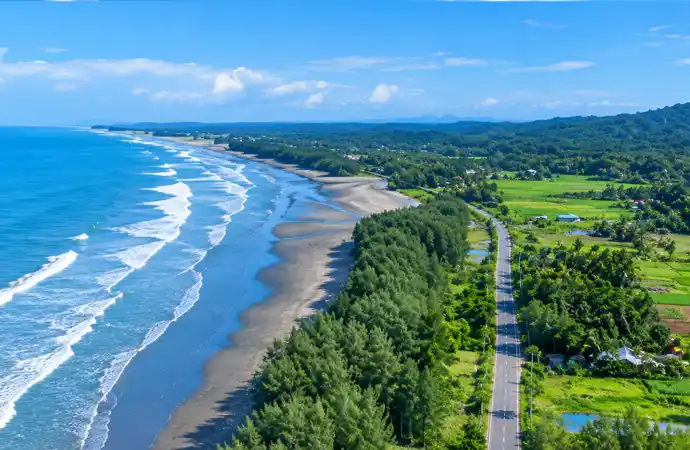 Marine Drive coastal road between the hills and the sea in Cox's Bazar
